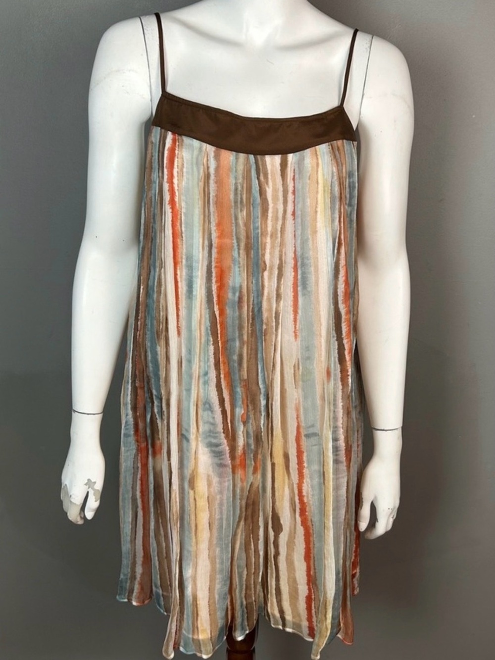 Laundry silk Striped Watercolor Slip Dress with Brown Trim